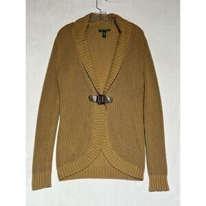 Lauren Ralph Lauren V Neck Knit Cardigan Sweater Womens M Beige Belt Strap Close